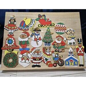 Lot of 17 Vintage Wooden Hand Painted Christmas Tree Ornaments Double Sided